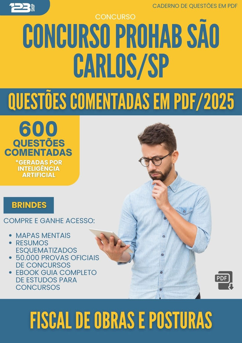 1000 Questões Comentadas para Concurso Fiscal De Obras E Posturas Prohab da Prefeitura Sao Carlos Sp 2025 - 600 Questões