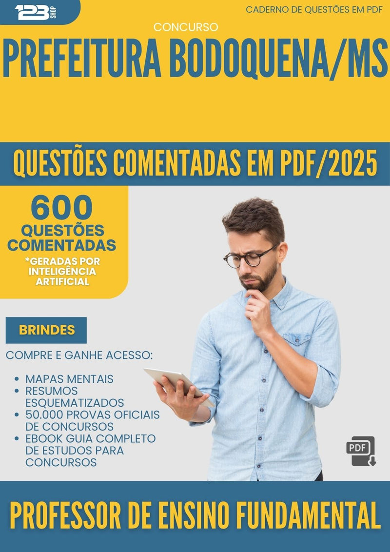 1000 Questões Comentadas para Concurso Professor De Ensino Fundamental da Prefeitura Bodoquena Ms 2025 - 600 Questões