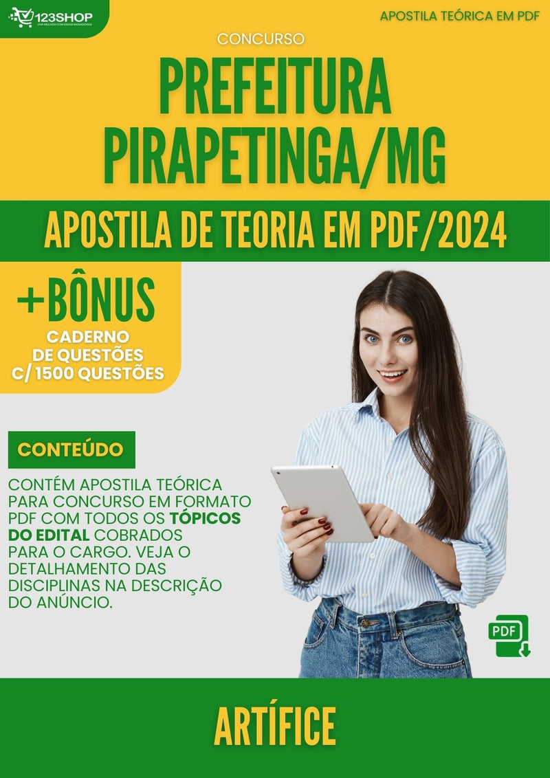 Apostila Teórica para Concurso Pirapetinga MG 2024 Artífice - Com Caderno de Questões