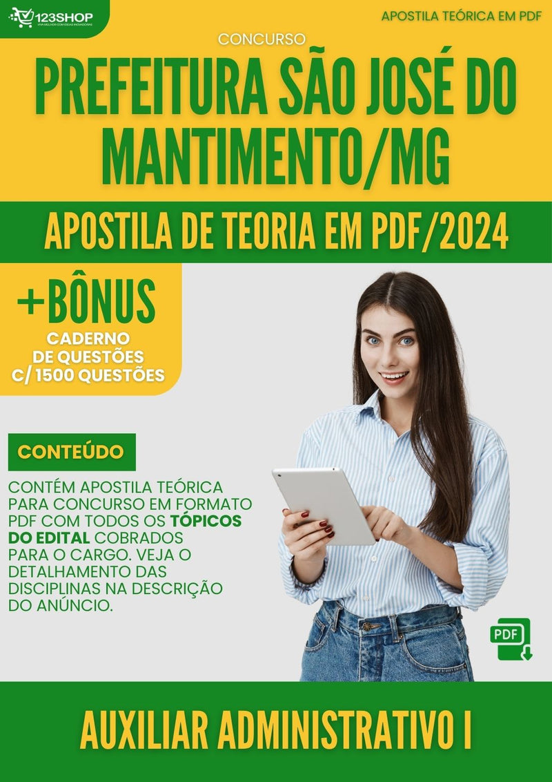 Apostila Teórica para Concurso São José do Mantimento MG 2024 Auxiliar Administrativo I - Com Caderno de Questões