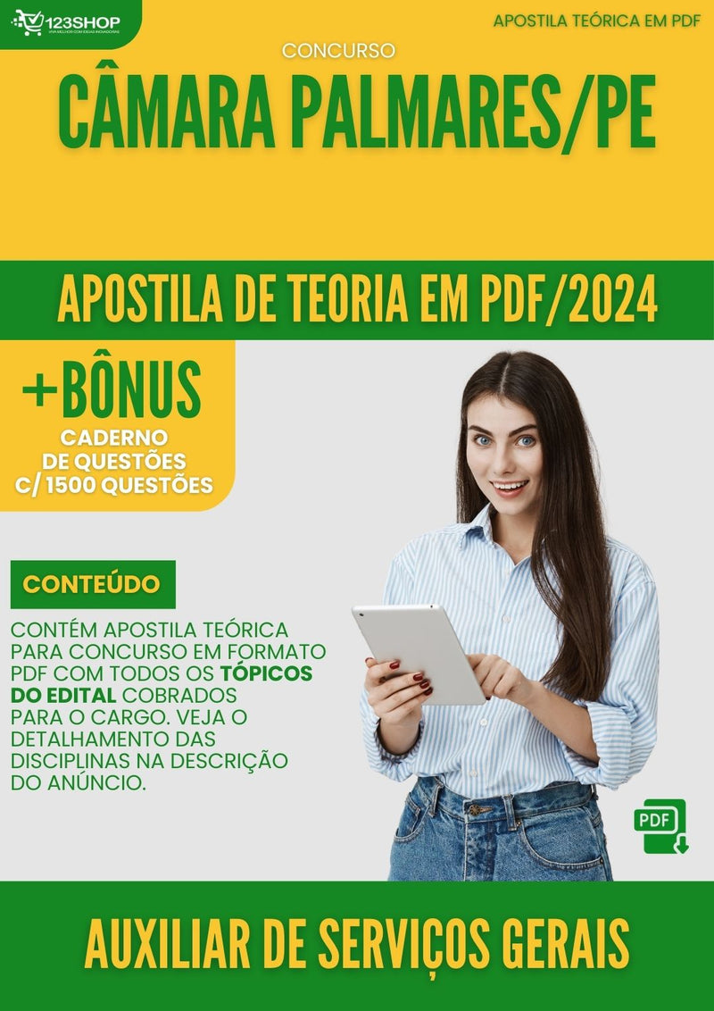 Apostila Teórica para Concurso Câmara Palmares PE 2024 Auxiliar De Serviços Gerais - Com Caderno de Questões
