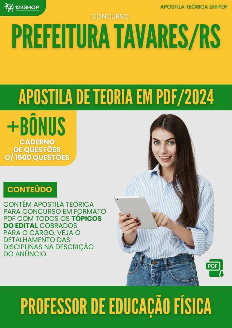 Apostila Teórica para Concurso Prefeitura Tavares RS 2024 Professor De Educação Física - Com Caderno de Questões