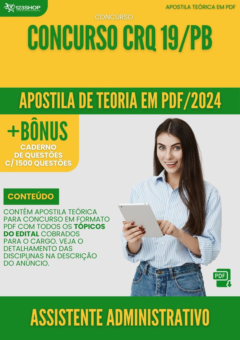 Apostila Teórica para Concurso CRQ 19 PB 2024 Assistente Administrativo - Com Caderno de Questões