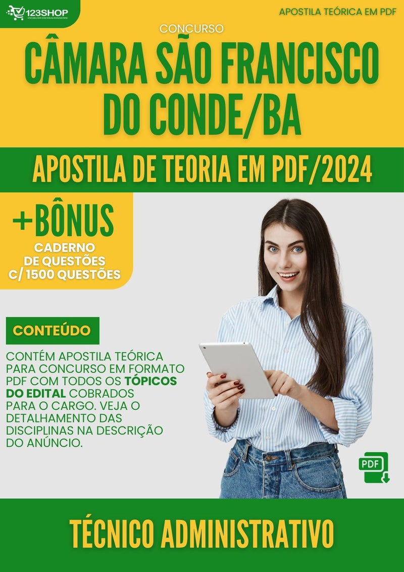 Apostila Teórica para Concurso Câmara São Francisco do Conde BA 2024 Técnico Administrativo - Com Caderno de Questões