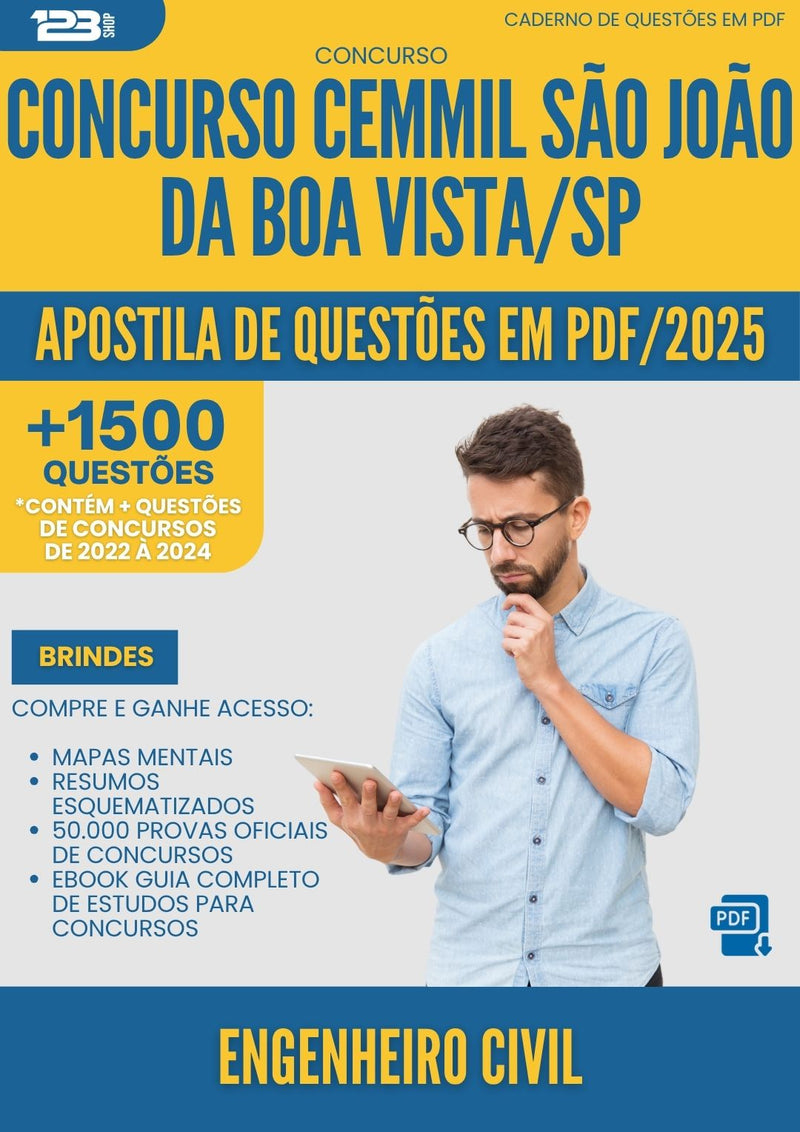 Apostila de Questões para Concurso Engenheiro Civil Cemmil Sao Joao da Prefeitura Boa Vista Sp 2025 - Mais de 1.500 Questões