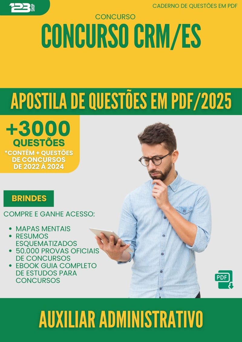 Apostila de Questões para Concurso Auxiliar Administrativo Crm Es 2025 - Mais de 3.000 Questões