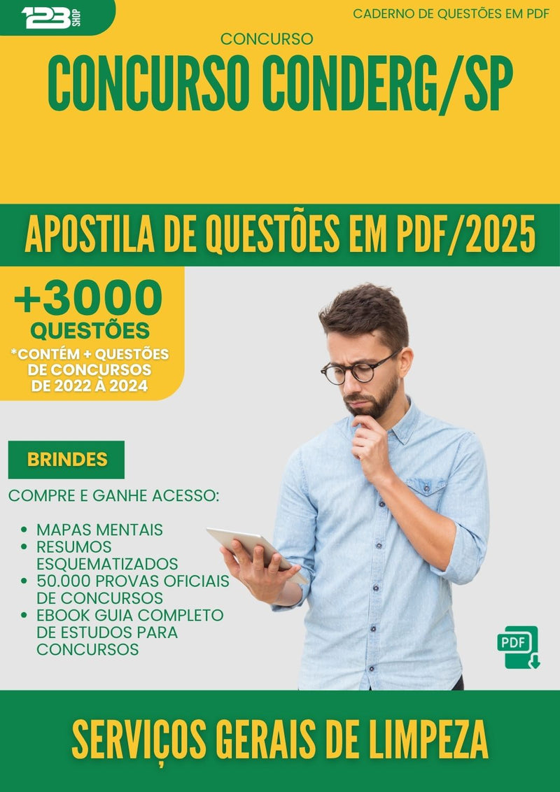 Apostila de Questões para Concurso Conderg Sp 2025 Servicos Gerais De Limpeza - Mais de 3.000 Questões