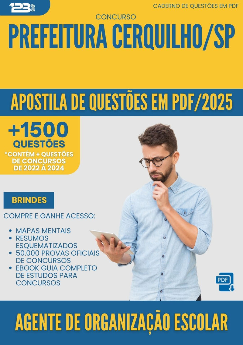 Apostila de Questões para Concurso Agente De Organizacao Escolar da Prefeitura Cerquilho Sp 2025 - Mais de 1.500 Questões