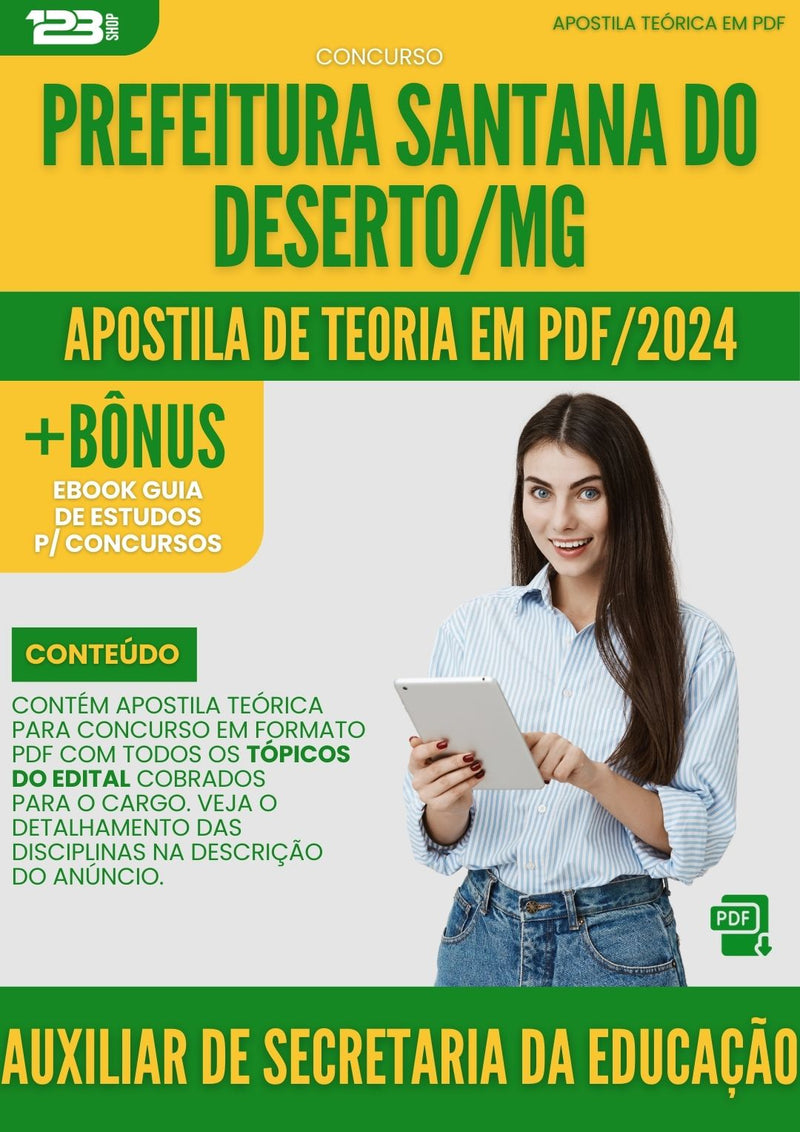 Apostila Teórica para Concurso Prefeitura Santana do Deserto MG 2024 Auxiliar De Secretaria Da Educação