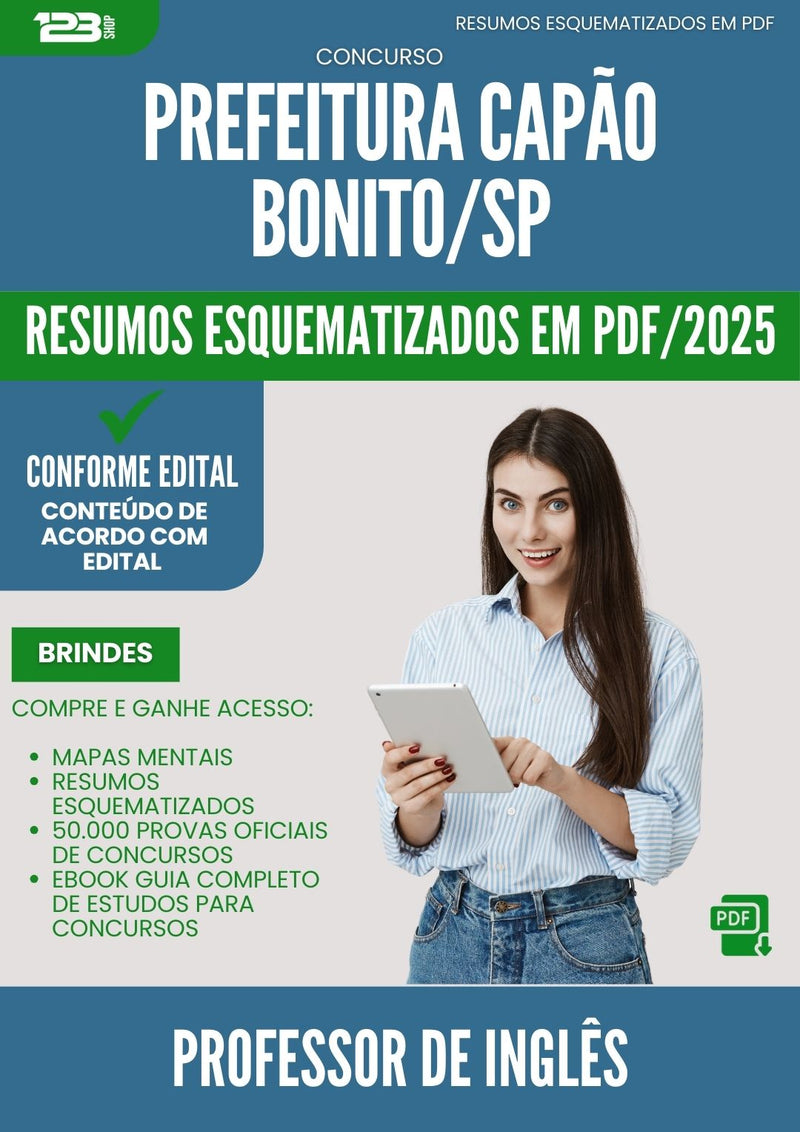 Resumos Esquematizados para Concurso Professor De Ingles Capao da Prefeitura Bonito Sp 2025 - Conteúdo de Acordo com Edital