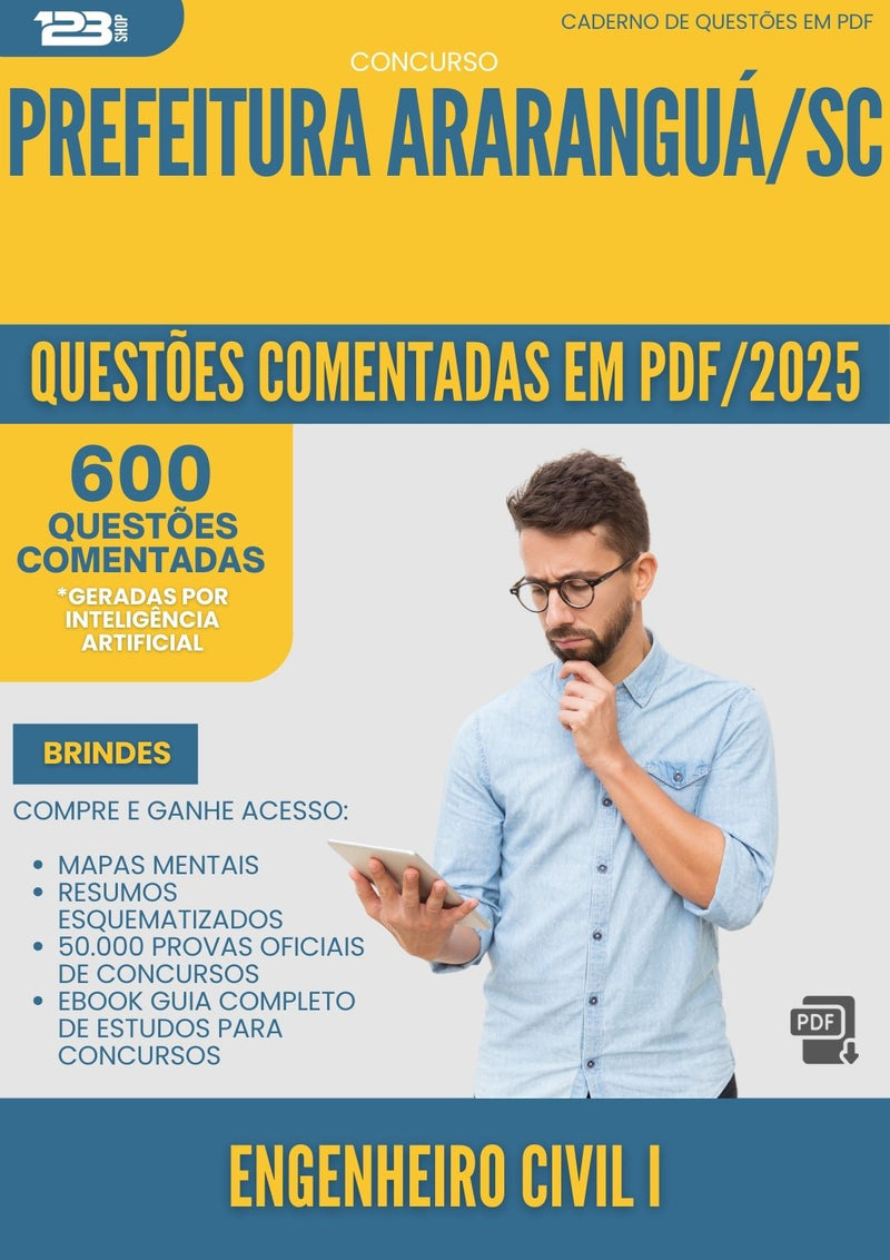 1000 Questões Comentadas para Concurso Engenheiro Civil I da Prefeitura Ararangua Sc 2025 - 600 Questões