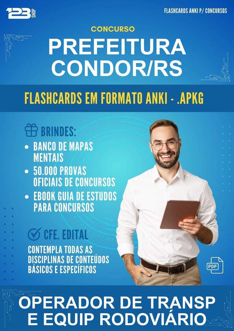 Flashcards Anki para o Concurso Prefeitura Condor/RS para Operador de Transp E Equip Rodoviário - 400 Flashcards