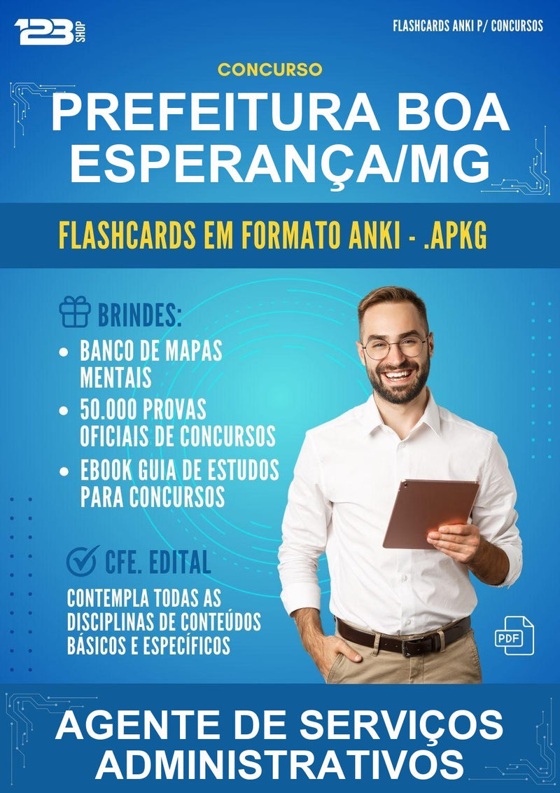 Flashcards Anki para o Concurso Prefeitura Boa Esperança/MG para Agente de Serviços Administrativos - 600 Flashcards