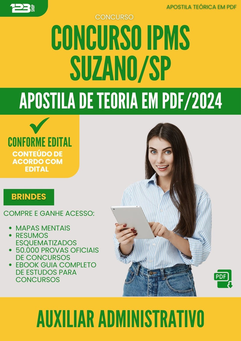 Apostila Teórica para Concurso Auxiliar Administrativo Ipms da Prefeitura Suzano Sp 2024 - Conteúdo de Acordo com Edital
