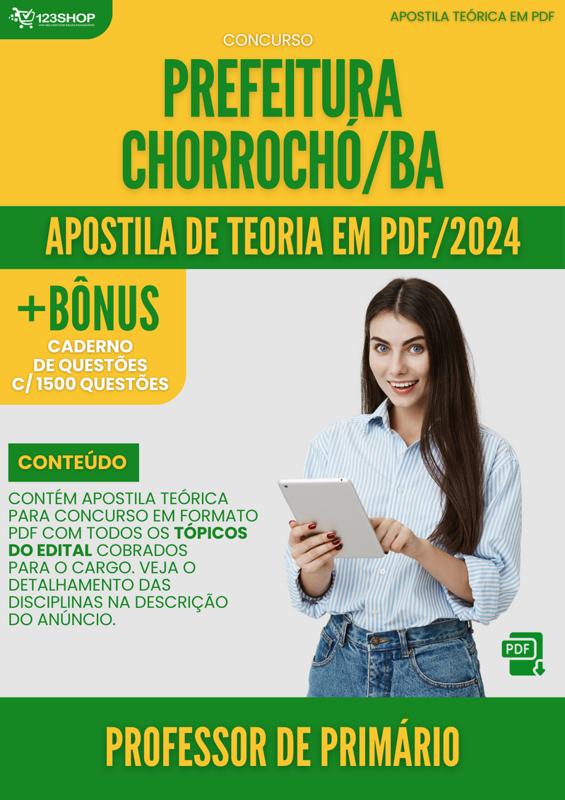 Apostila Teórica para Concurso Prefeitura Chorrochó BA 2024 Professor de Primário - Com Caderno de Questões