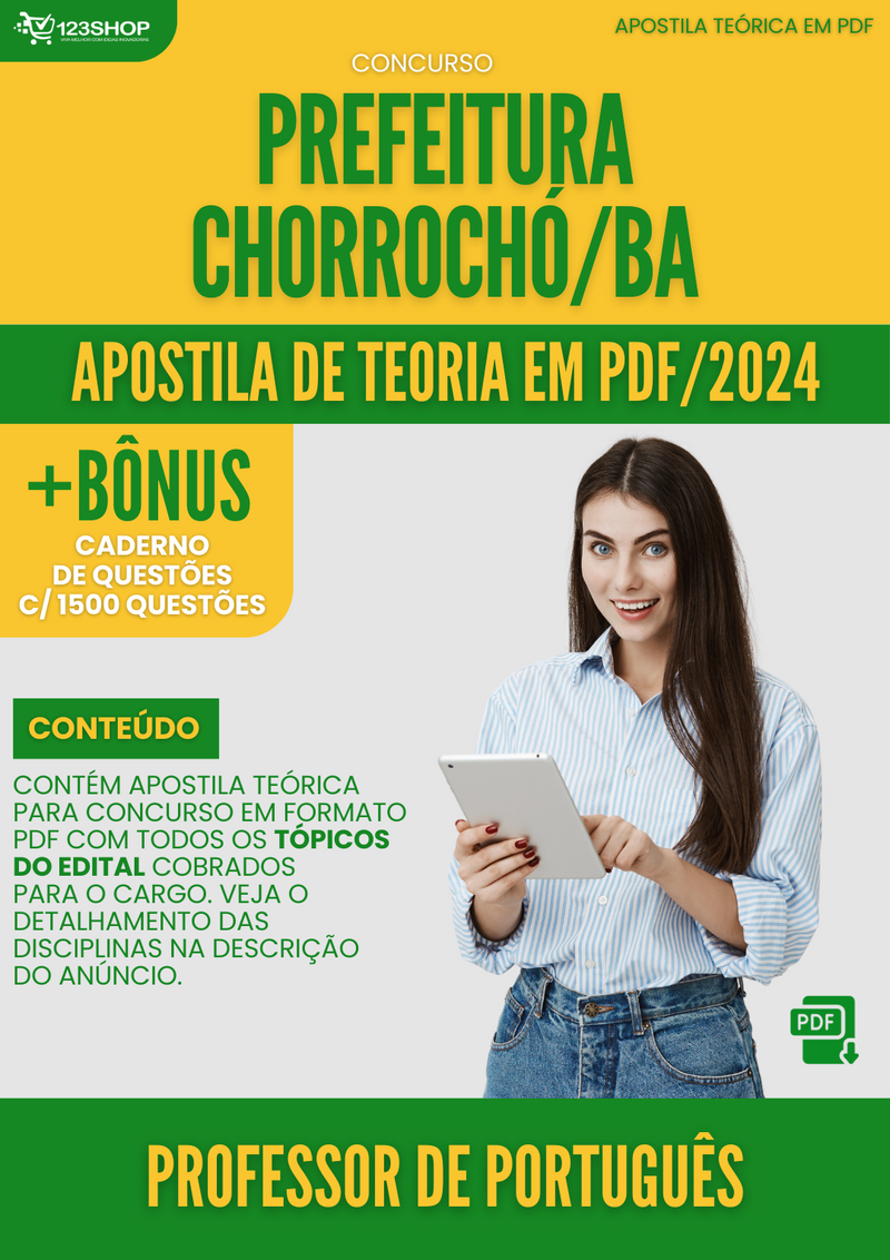 Apostila Teórica para Concurso Prefeitura Chorrochó BA 2024 Professor de Português - Com Caderno de Questões