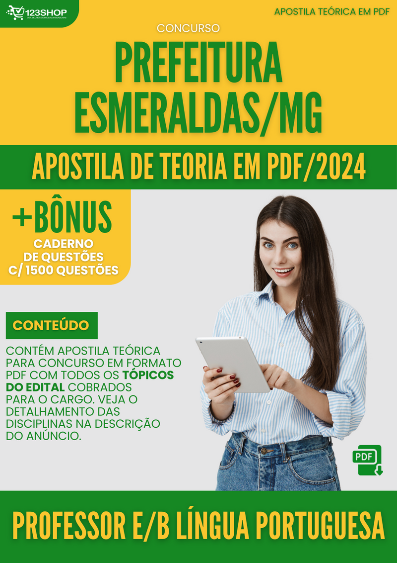 Apostila Teórica para Concurso Prefeitura Esmeraldas MG 2024 Professor E.B Língua Portuguesa - Com Caderno de Questões