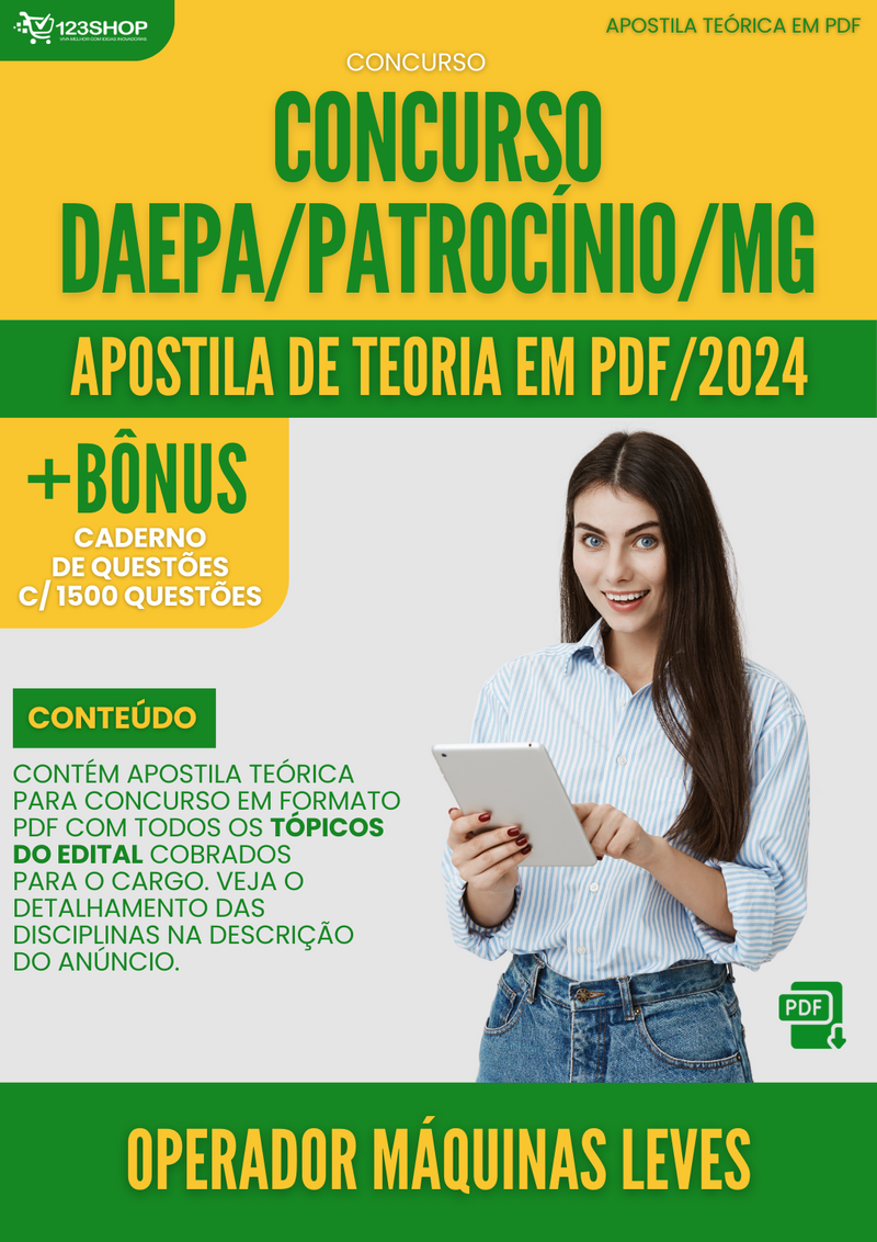 Apostila Teórica para Concurso DAEPA Patrocínio MG 2024 Operador Máquinas Leves - Com Caderno de Questões