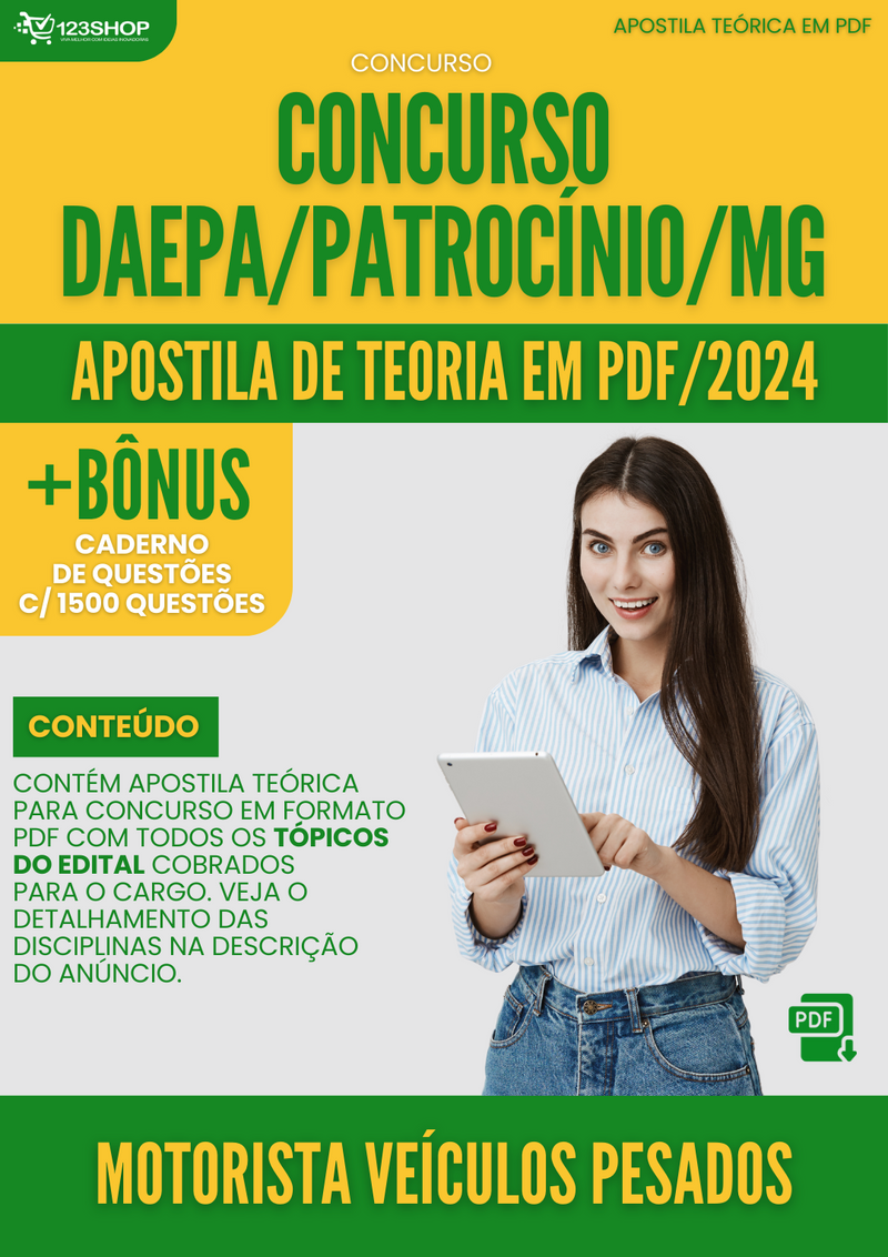 Apostila Teórica para Concurso DAEPA Patrocínio MG 2024 Motorista Veículos Pesados - Com Caderno de Questões