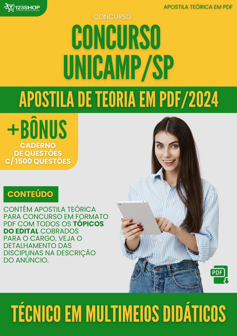 Apostila Teórica para Concurso UNICAMP SP 2024 Técnico em Multimeios Didáticos - Com Caderno de Questões