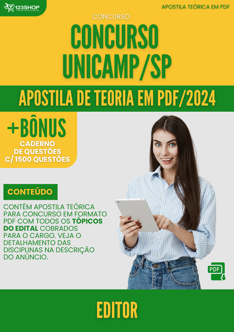 Apostila Teórica para Concurso UNICAMP SP 2024 Editor - Com Caderno de Questões
