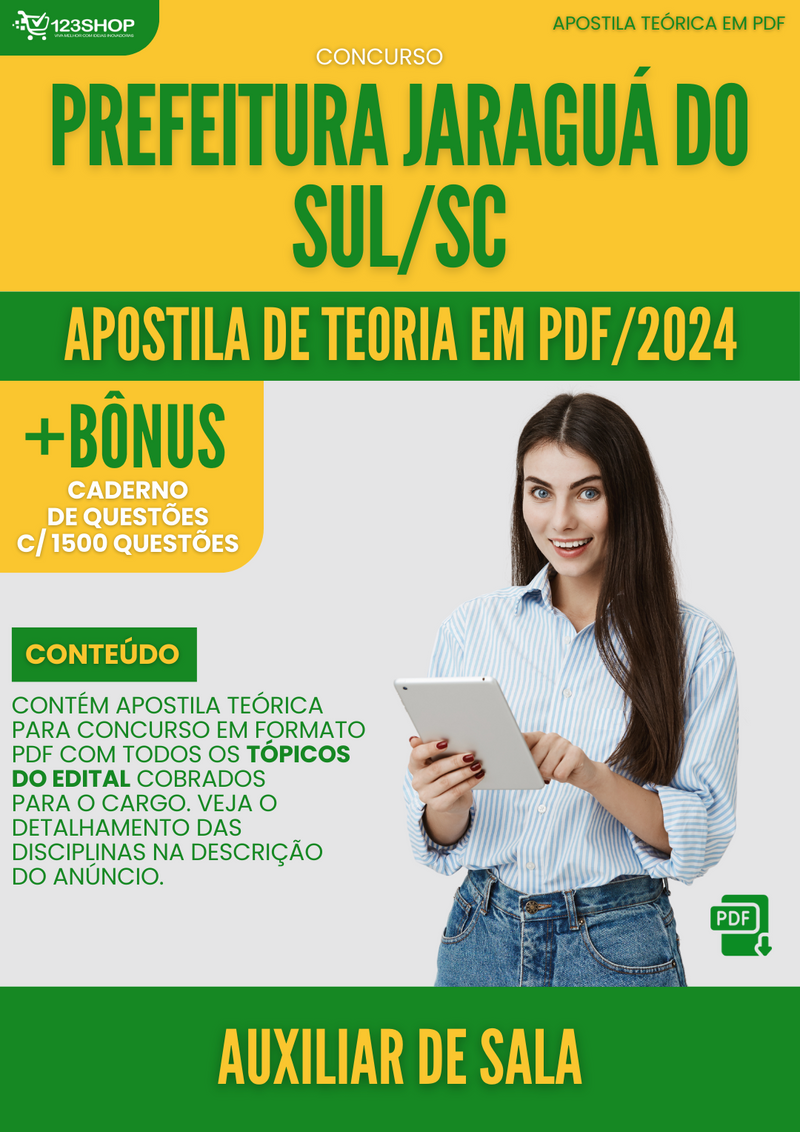 Apostila Teórica para Concurso Prefeitura Jaraguá Sul SC 2024 Auxiliar de Sala - Com Caderno de Questões