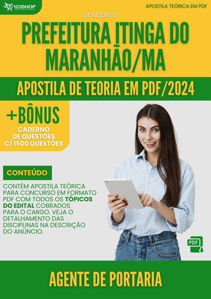 Apostila Teórica para Concurso Prefeitura Itinga do Maranhão MA 2024 Agente de Portaria - Com Caderno de Questões
