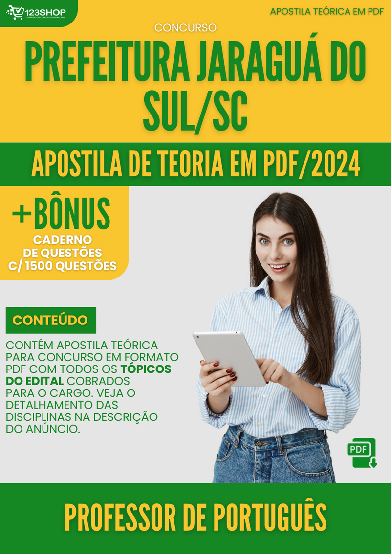 Apostila Teórica para Concurso Prefeitura Jaraguá Sul SC 2024 Professor de Português - Com Caderno de Questões