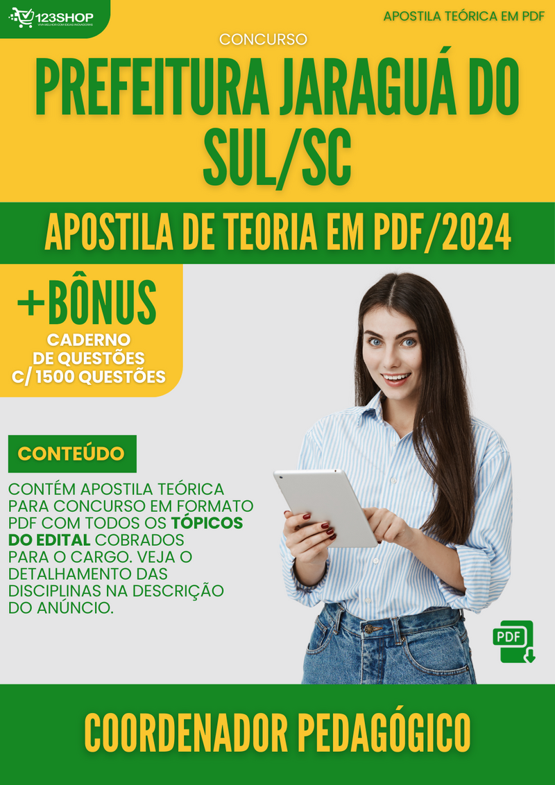 Apostila Teórica para Concurso Prefeitura Jaraguá Sul SC 2024 Coordenador Pedagógico - Com Caderno de Questões