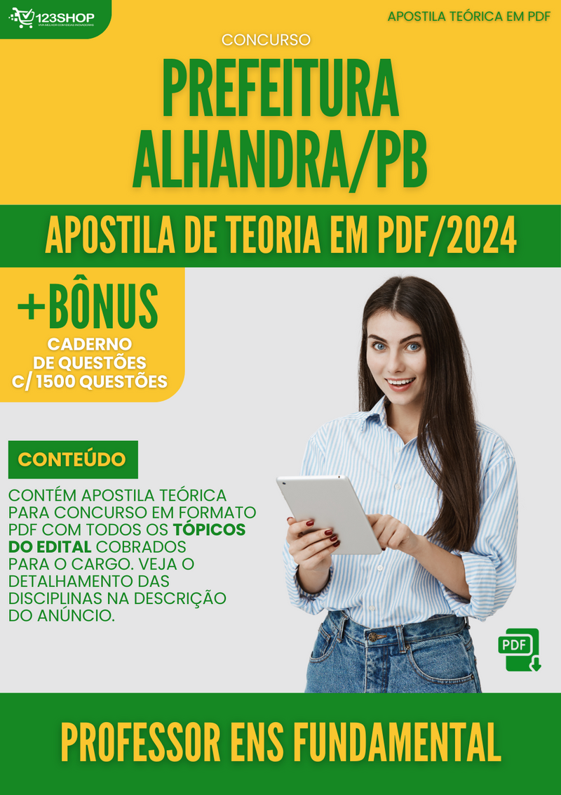 Apostila Teórica para Concurso Prefeitura Alhandra PB 2024 Professor Ens Fundamental - Com Caderno de Questões