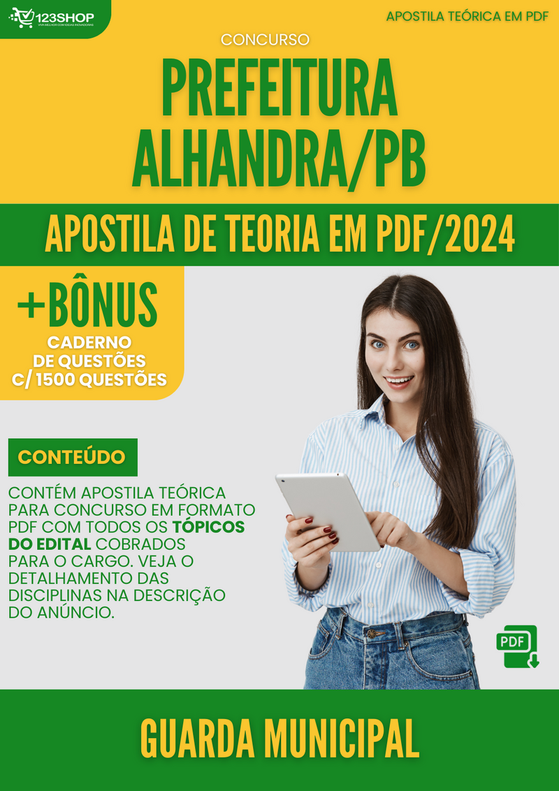 Apostila Teórica para Concurso Prefeitura Alhandra PB 2024 Guarda Municipal - Com Caderno de Questões