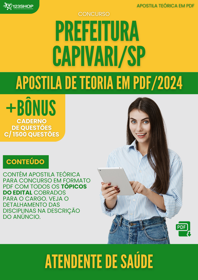 Apostila Teórica para Concurso Prefeitura Capivari SP 2024 Atendente de Saúde - Com Caderno de Questões