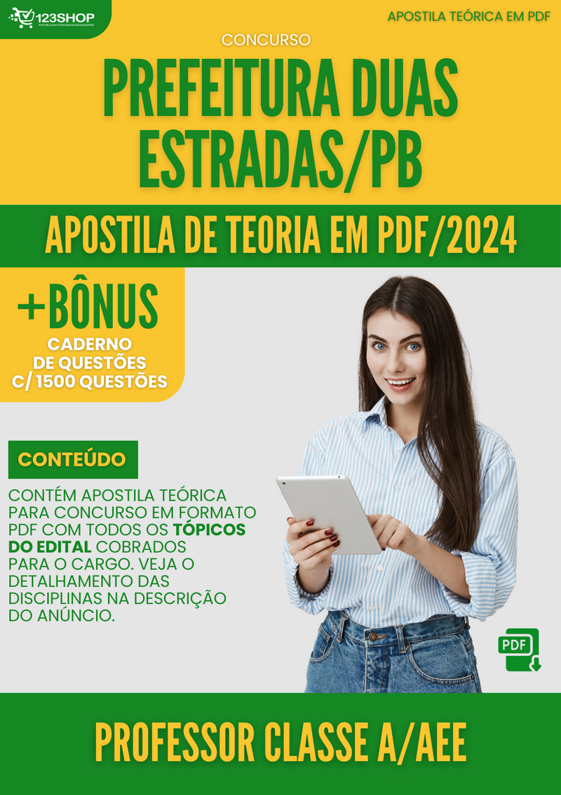 Apostila Teórica para Concurso Prefeitura Duas Estradas PB 2024 Professor Classe A AEE - Com Caderno de Questões