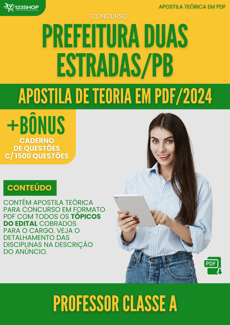 Apostila Teórica para Concurso Prefeitura Duas Estradas PB 2024 Professor Classe A - Com Caderno de Questões