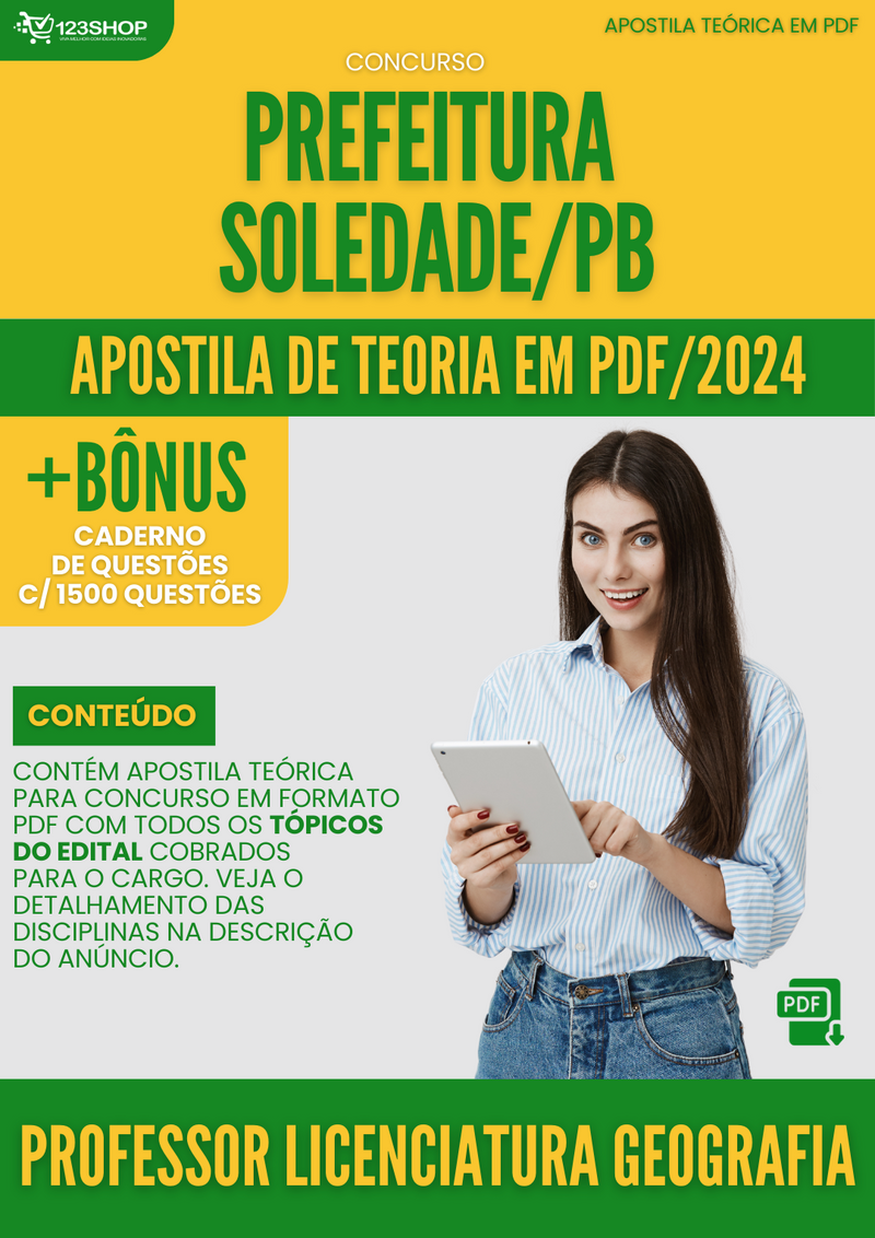 Apostila Teórica para Concurso Prefeitura Soledade PB 2024 Professor Licenciatura Geografia - Com Caderno de Questões