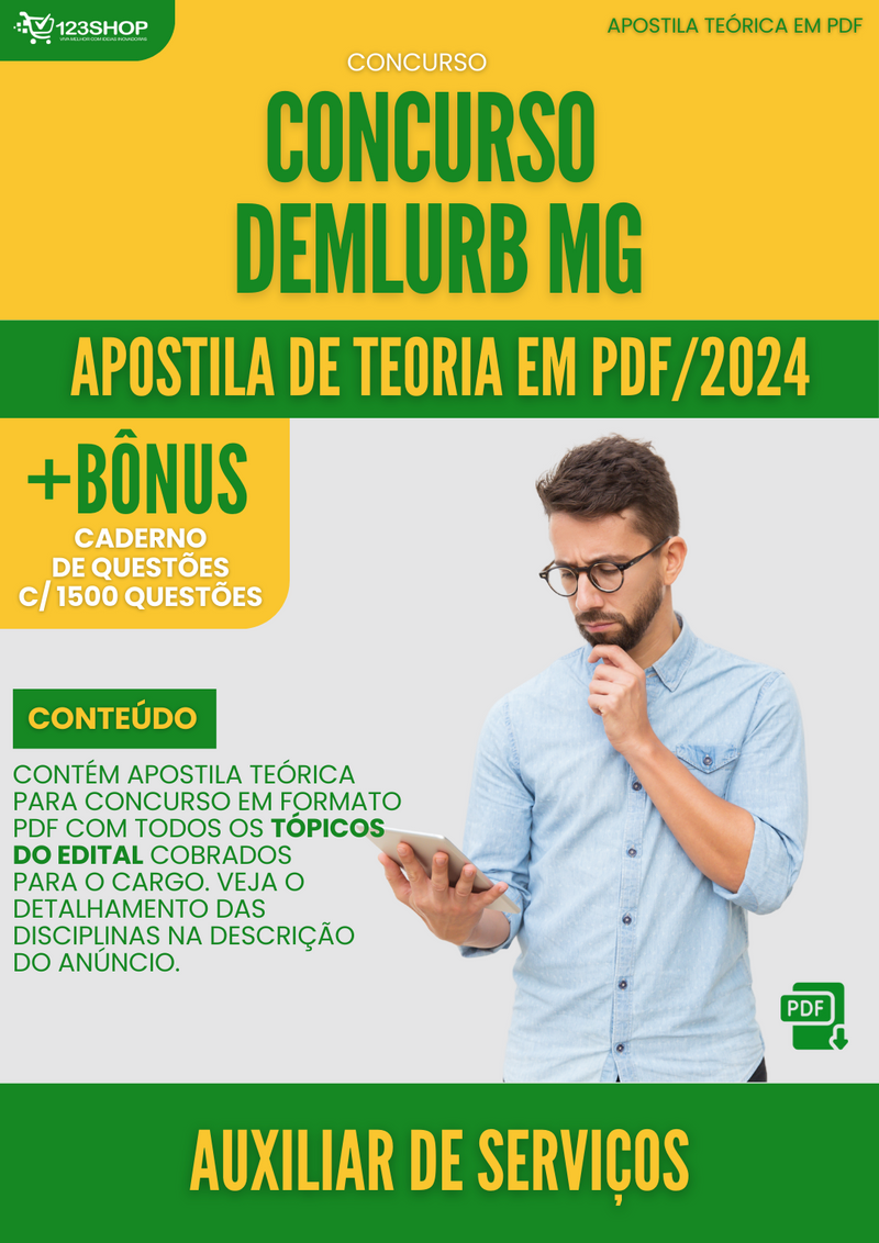 Apostila Teórica para Concurso DEMLURB MG 2024 Auxiliar De Serviços - Com Caderno de Questões