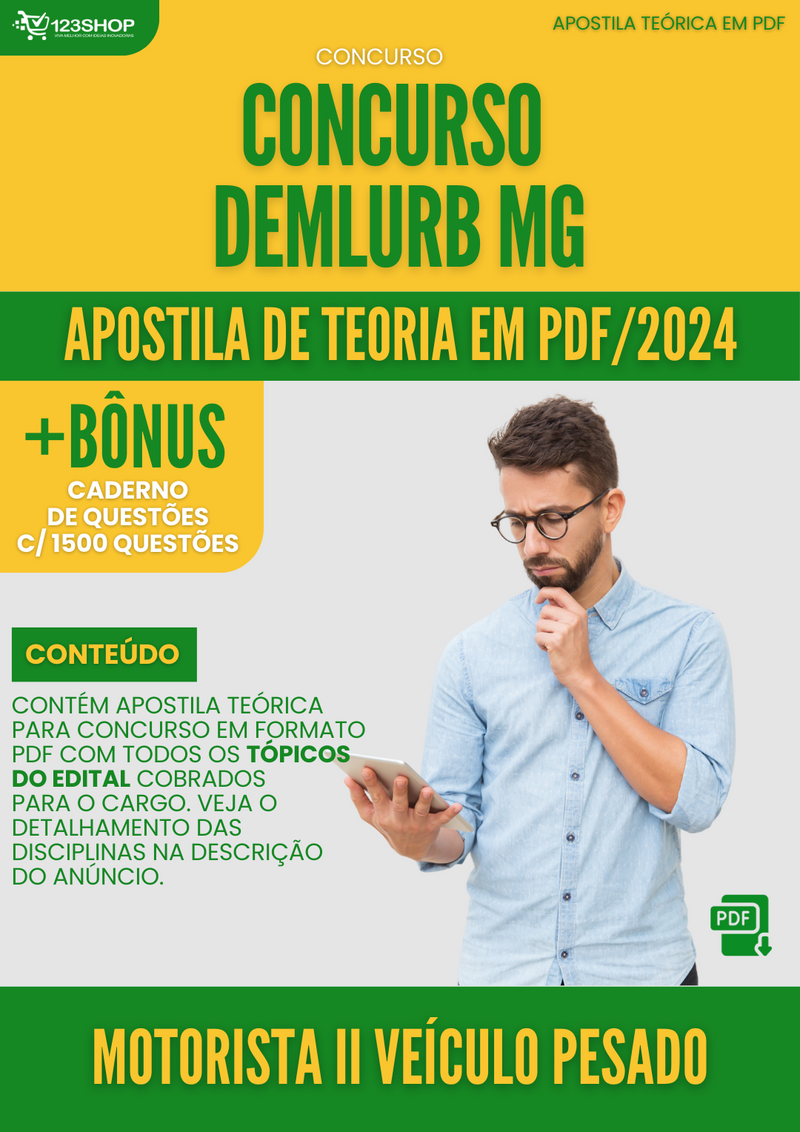 Apostila Teórica para Concurso DEMLURB MG 2024 Motorista II Veículo Pesado - Com Caderno de Questões