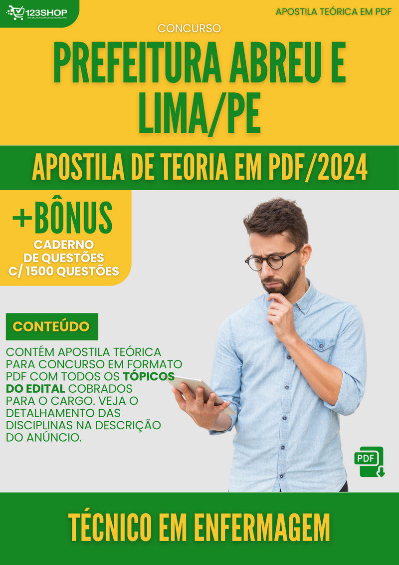 Apostila Teórica para Concurso Prefeitura Abreu e Lima PE 2024 Técnico em Enfermagem - Com Caderno de Questões