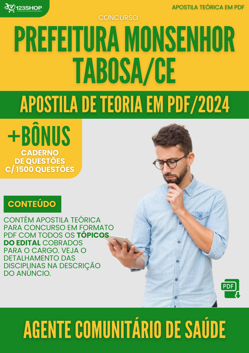 Apostila Teórica para Concurso Prefeitura Monsenhor Tabosa CE 2024 Ag Comunit Saúde - Com Caderno de Questões