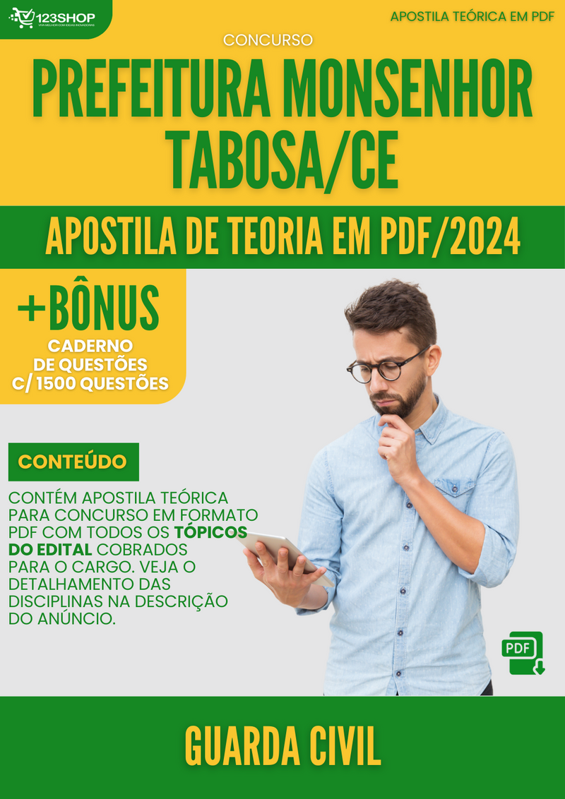 Apostila Teórica para Concurso Prefeitura Monsenhor Tabosa CE 2024 Guarda Civil - Com Caderno de Questões