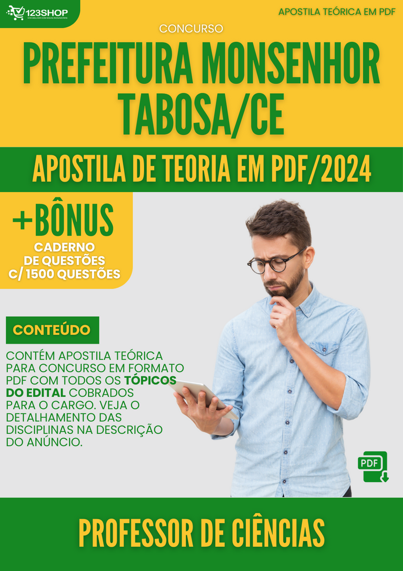 Apostila Teórica para Concurso Prefeitura Monsenhor Tabosa CE 2024 Prof Ciências - Com Caderno de Questões