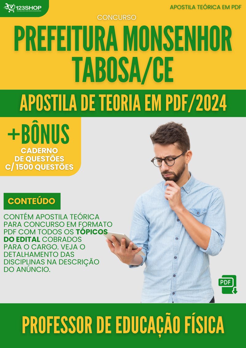 Apostila Teórica para Concurso Prefeitura Monsenhor Tabosa CE 2024 Prof Ed Física - Com Caderno de Questões