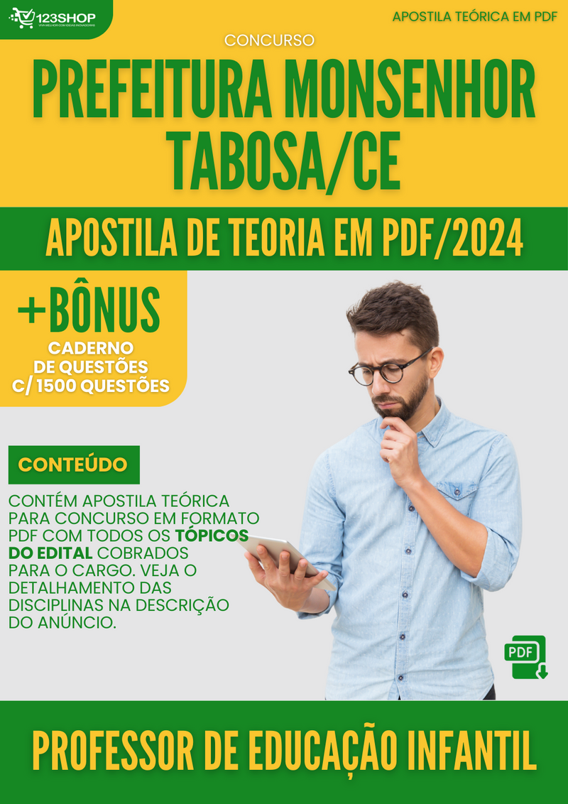 Apostila Teórica para Concurso Prefeitura Monsenhor Tabosa CE 2024 Prof Ed Infantil - Com Caderno de Questões