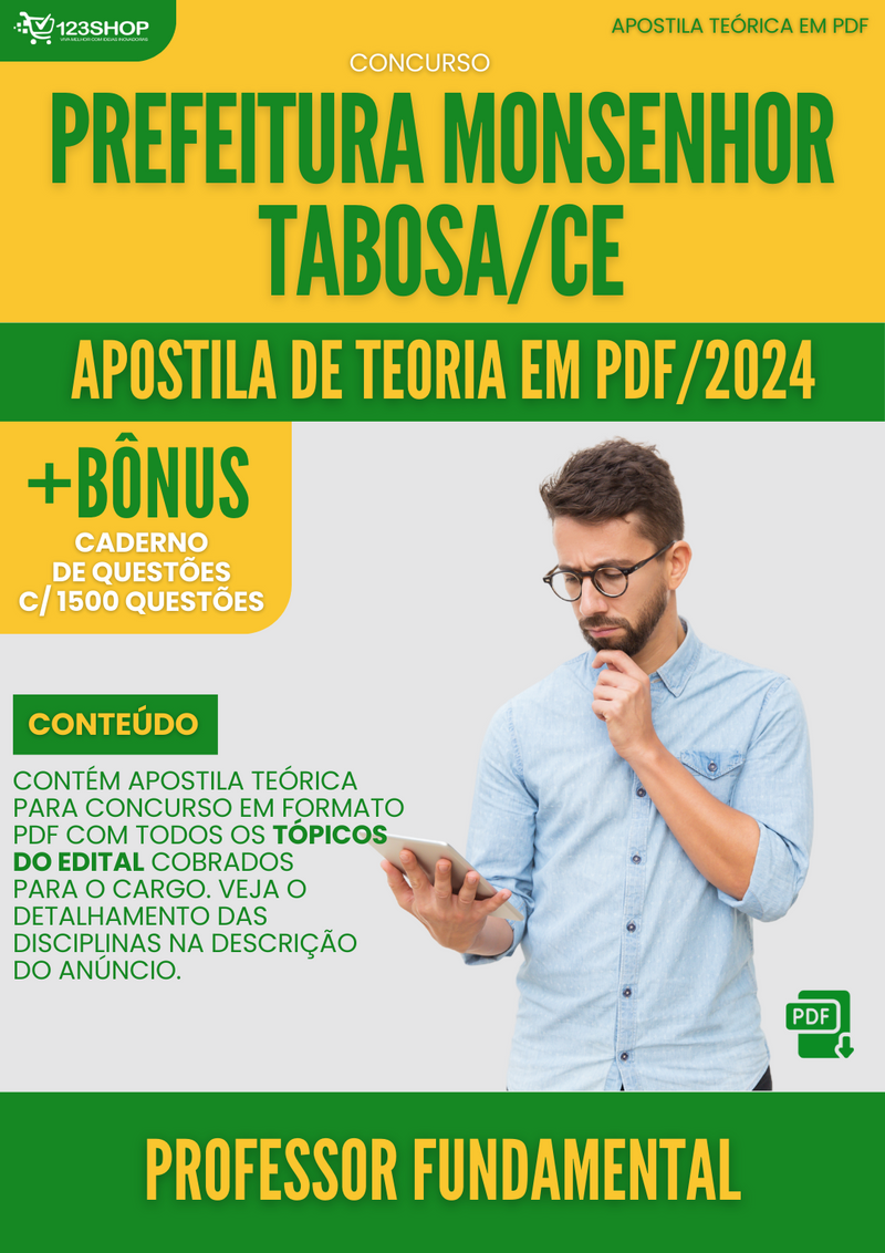 Apostila Teórica para Concurso Prefeitura Monsenhor Tabosa CE 2024 Prof Fundamental - Com Caderno de Questões