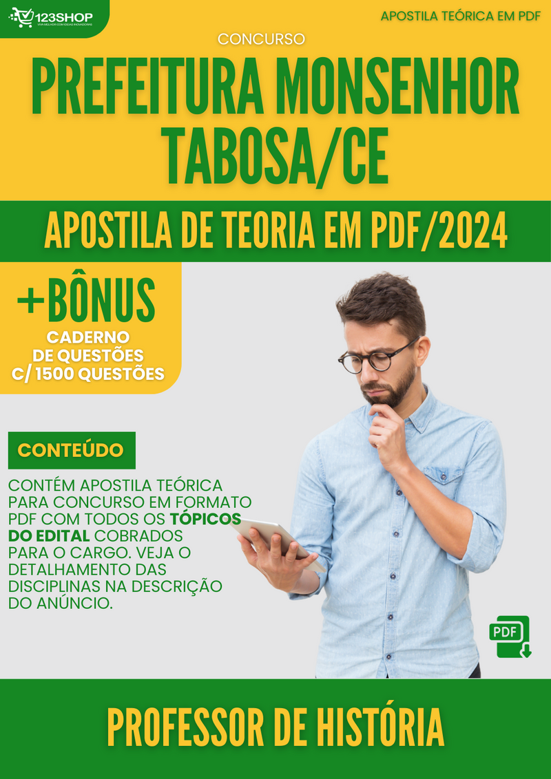 Apostila Teórica para Concurso Prefeitura Monsenhor Tabosa CE 2024 Prof História - Com Caderno de Questões
