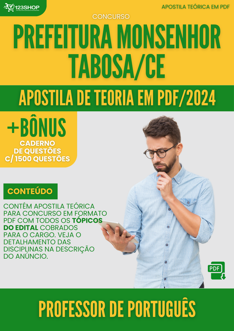 Apostila Teórica para Concurso Prefeitura Monsenhor Tabosa CE 2024 Prof Português - Com Caderno de Questões