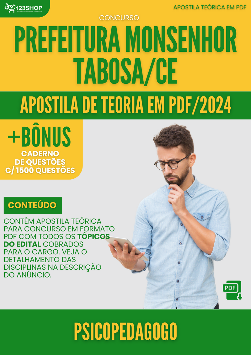 Apostila Teórica para Concurso Prefeitura Monsenhor Tabosa CE 2024 Psicopedagogo - Com Caderno de Questões