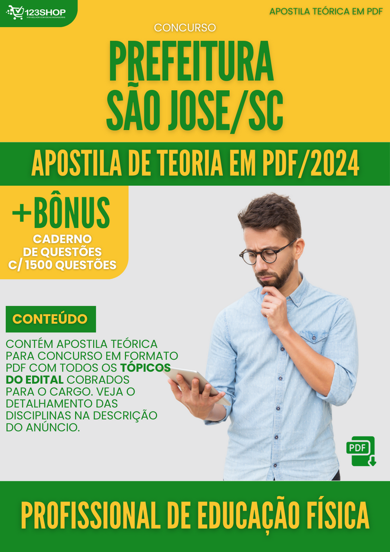 Apostila Teórica para Concurso Prefeitura São José SC 2024 Profissional de Educação Física - Com Caderno de Questões