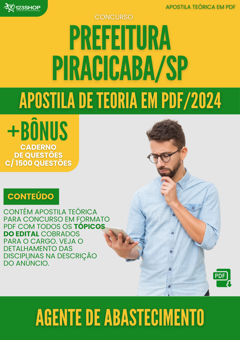 Apostila Teórica para Concurso Prefeitura Piracicaba SP 2024 Agente De Abastecimento - Com Caderno de Questões