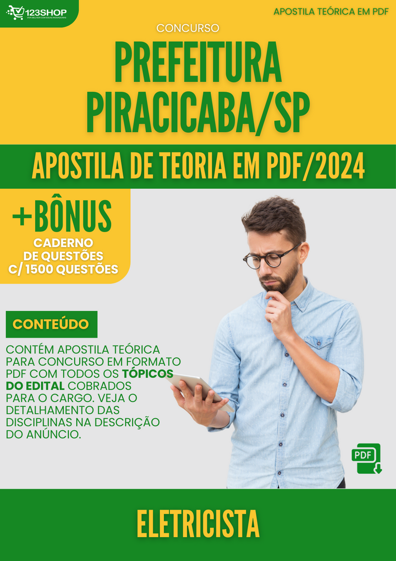 Apostila Teórica para Concurso Prefeitura Piracicaba SP 2024 Eletricista - Com Caderno de Questões